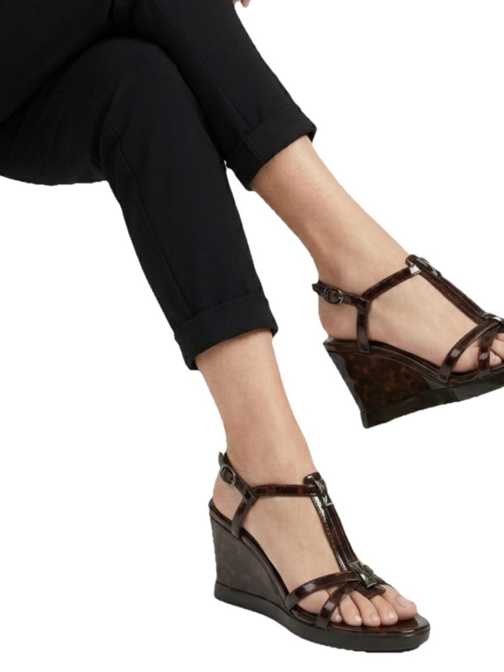 Stuart Weitzman Obladi Sandal Cognac Tortoise Women's Brown Leather Wedge Size 8